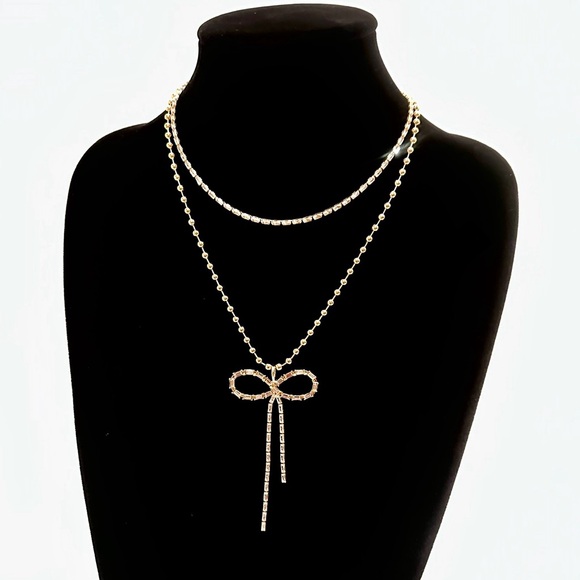 EXPRESS Gold & Baguette Rhinestone/Crystal Bow Layered Necklace NWT - Picture 8 of 14